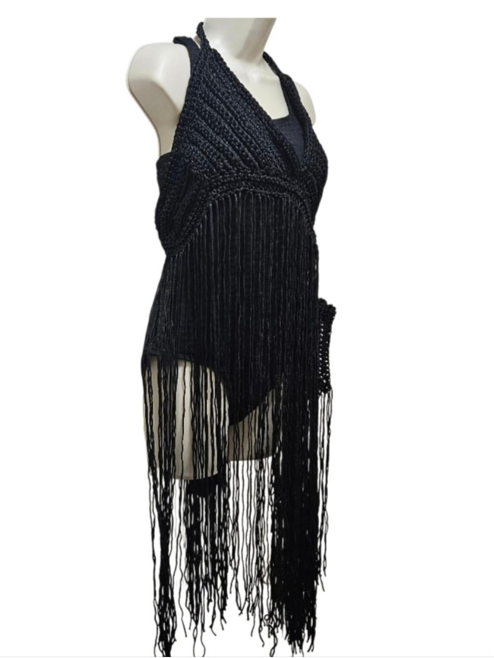 BLACK HAND CRAFTED CROCHET FRINGE HALTER TOP VNECK 2-WAY FESTIVAL BEACH COVER UP - Picture 11 of 17